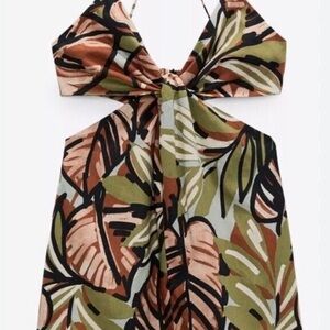 Tropical Leaf Print Cutout Mini Dress